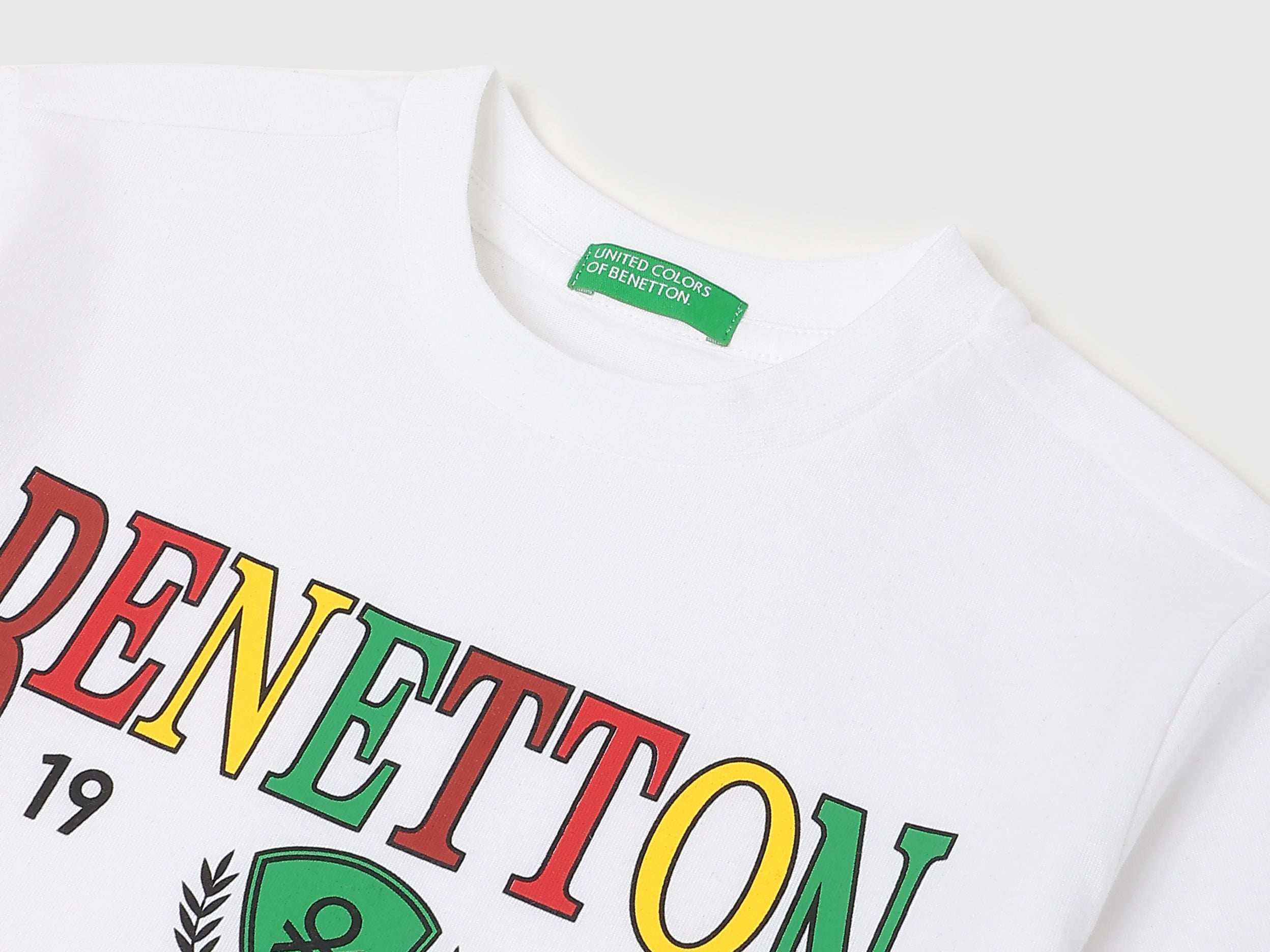 Boys White Cotton Branding T Shirt with Round Neck