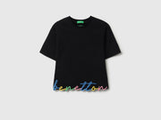 Girls Black Embroidered Cut Out Cotton Crop Tee