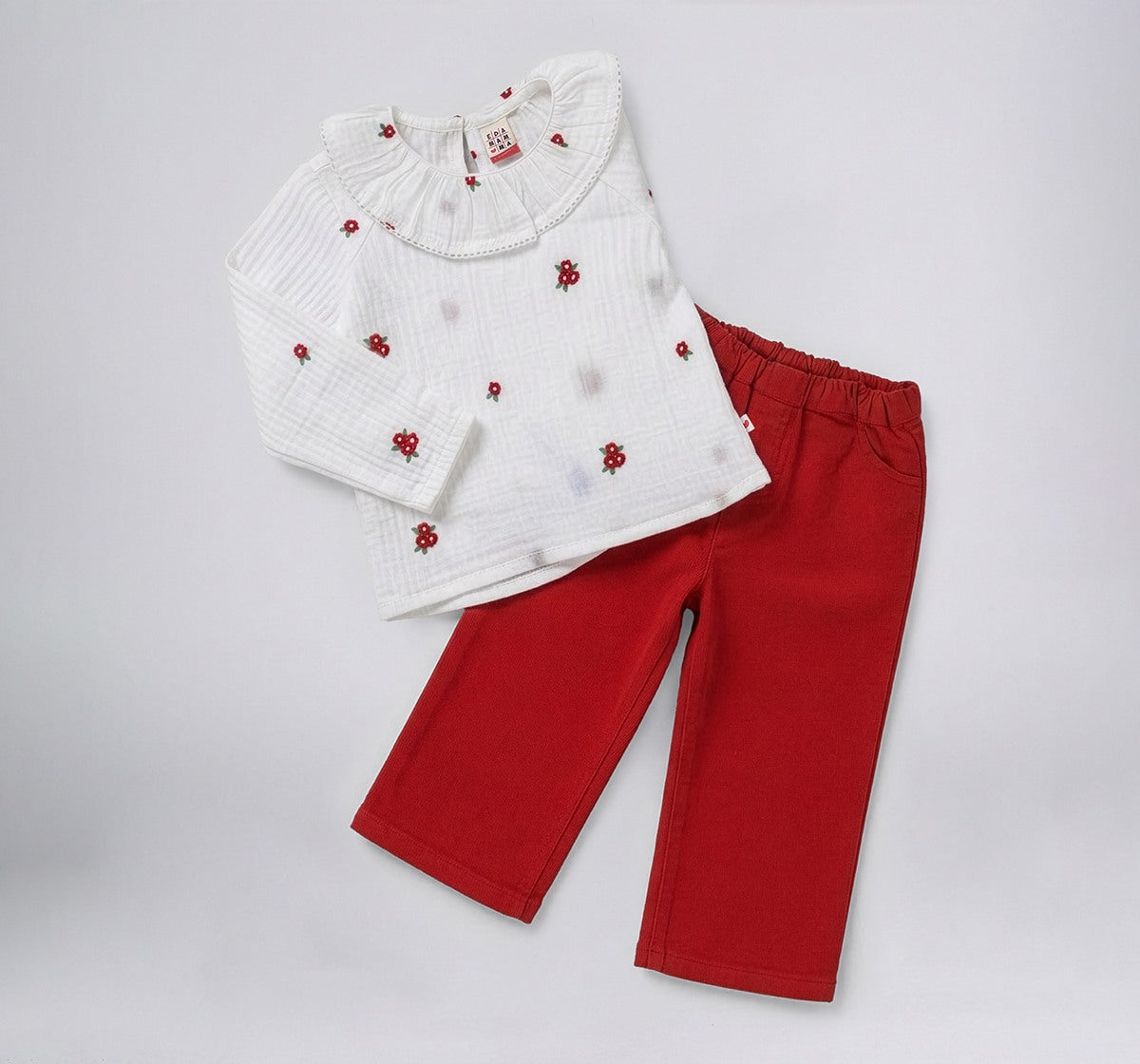 Infant Girls White Embroidered Top with Red Corduroy Pants