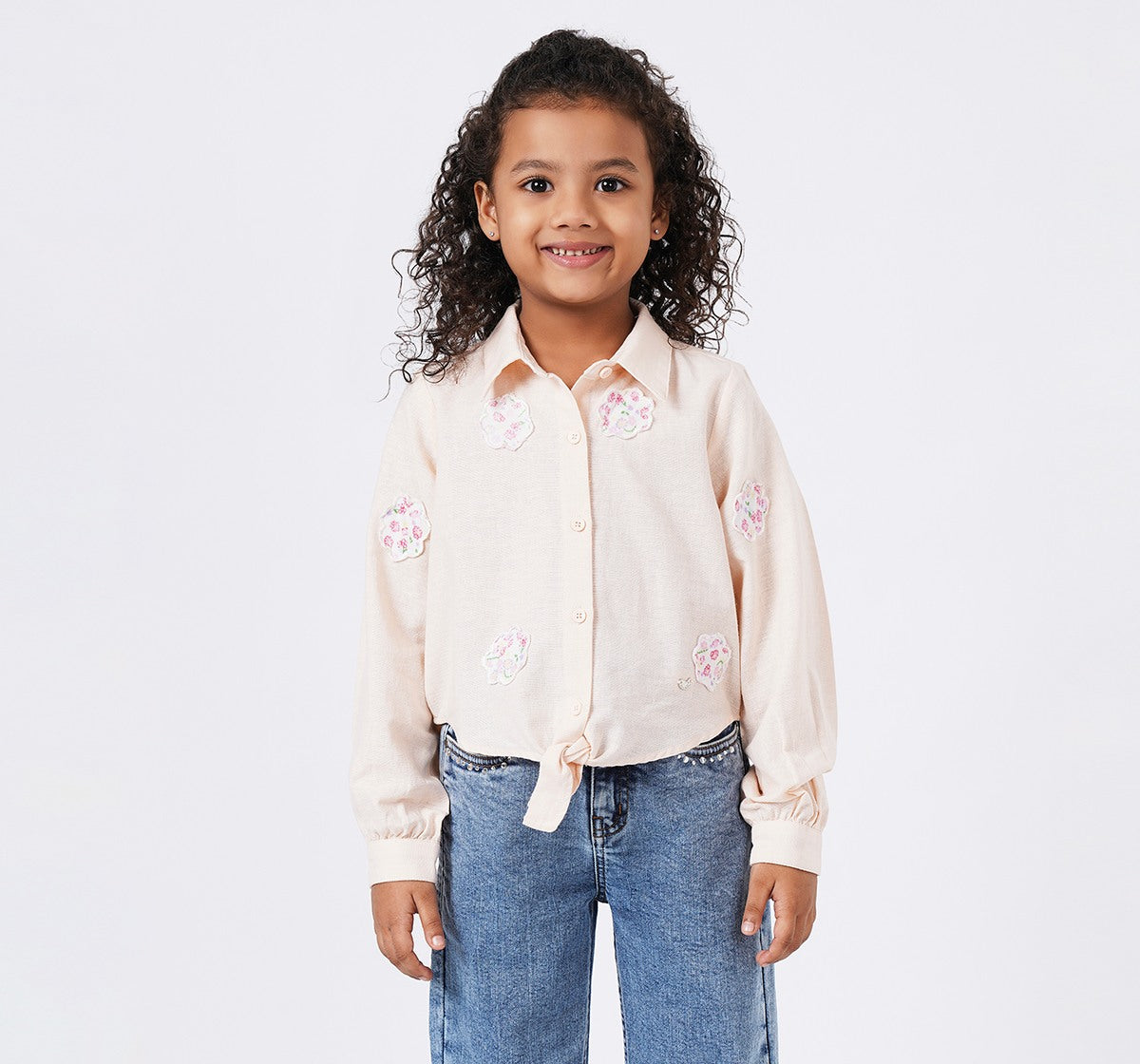 Girls Light Peach Floral Applique Patch Shirt