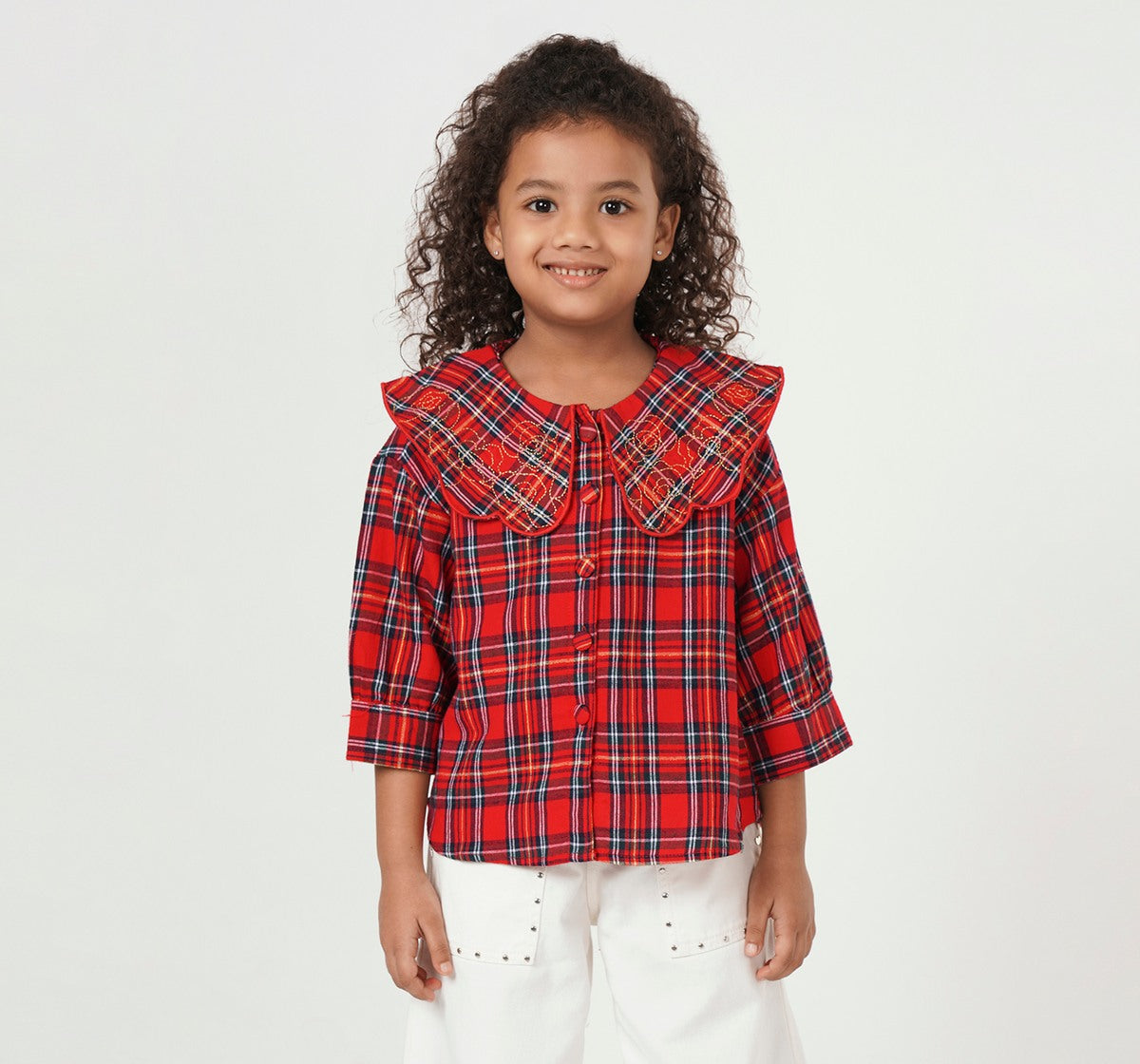 Check Plaid Top with Embroidery Collar Red