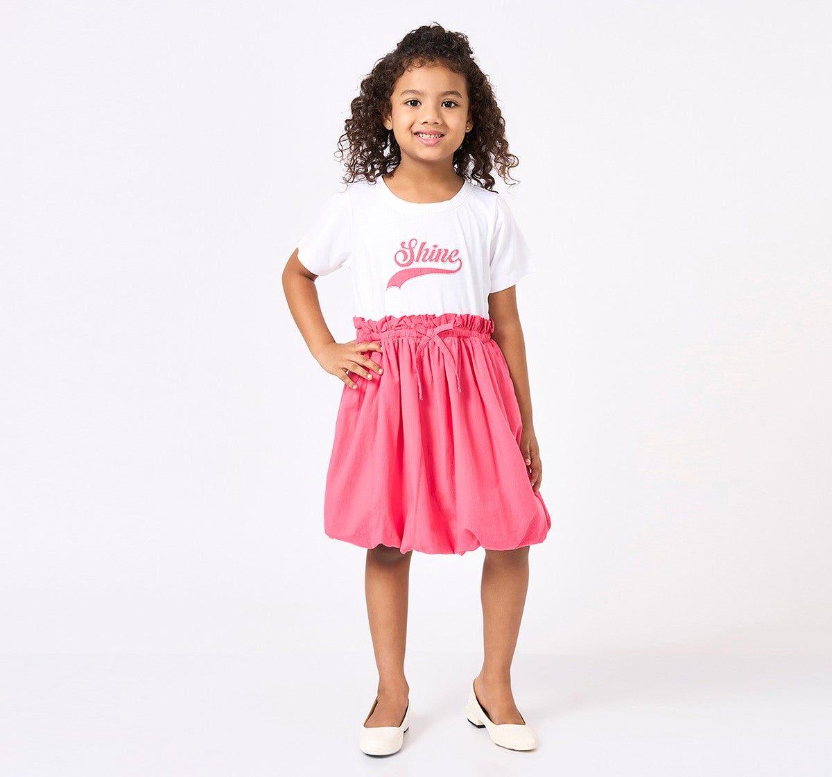 Girls Pink Knit and Woven Paper Bag Waist Dress