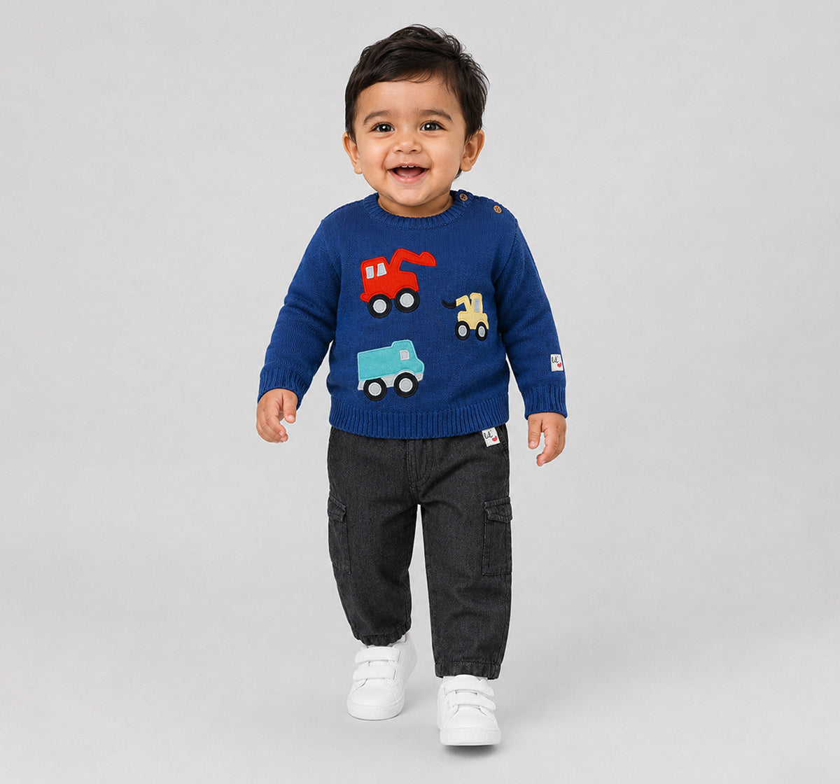Sweater with Vehicle Flatknit Appliques Blue