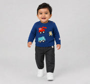 Sweater with Vehicle Flatknit Appliques Blue