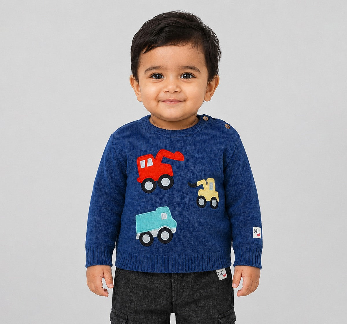 Sweater with Vehicle Flatknit Appliques Blue