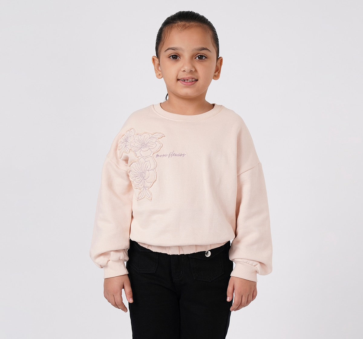 Balloon Hem Sweatshirt with Applique Pink Regular Fit