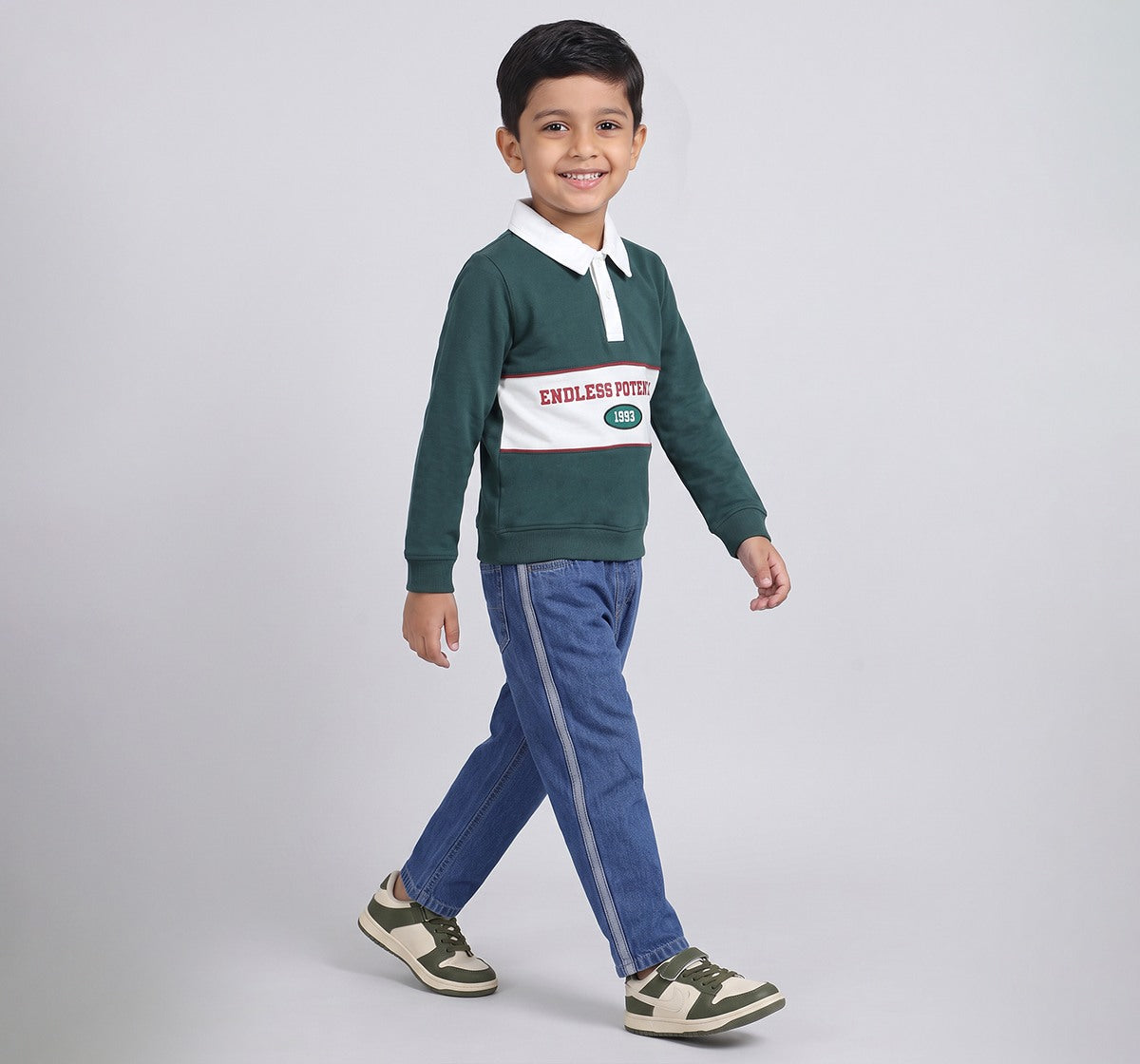 Polo Neck Sweatshirt Withcut & Sew Details Green