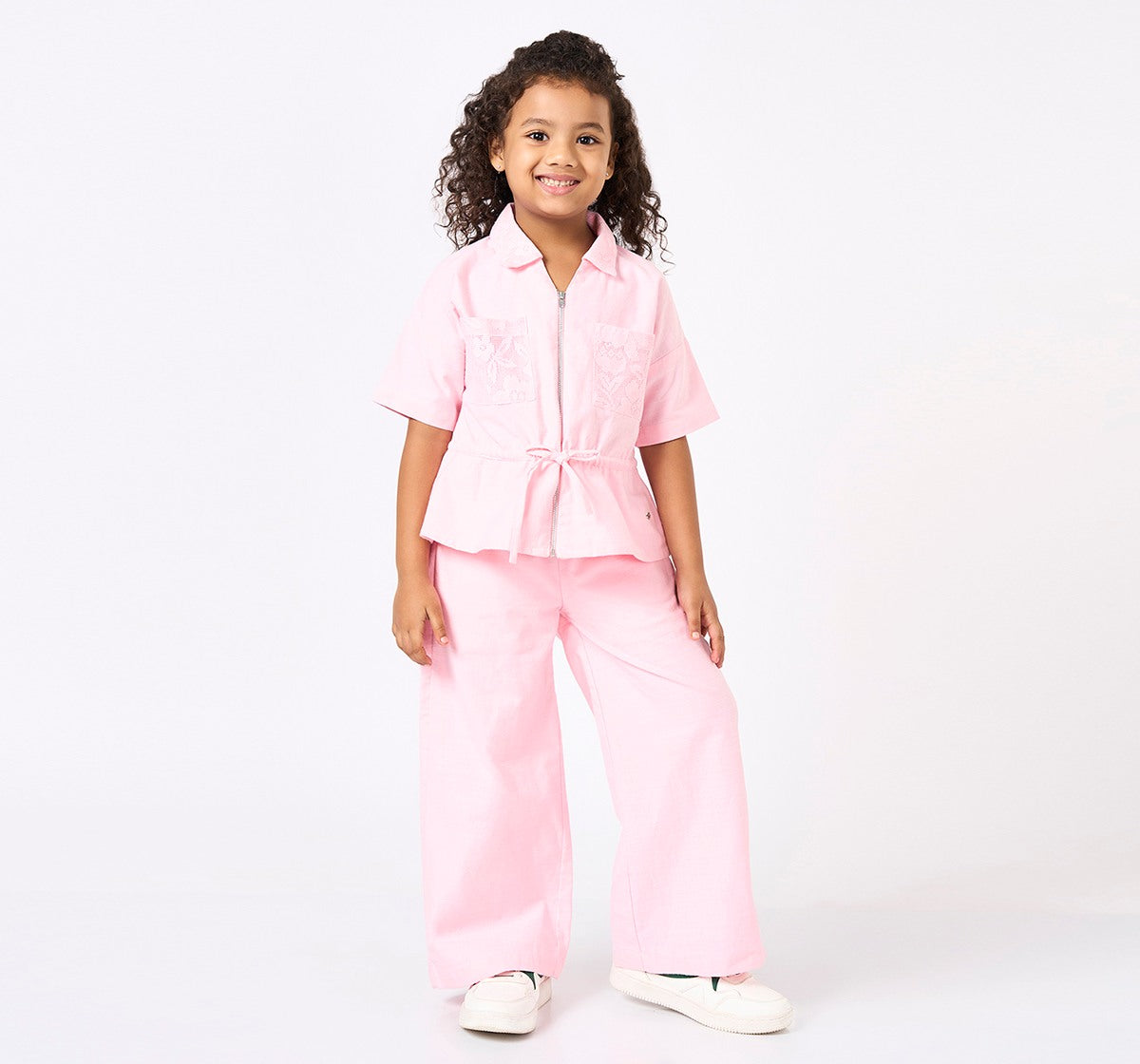 Girls Pastel Pink Lace Pocket Collared Co-ord Set