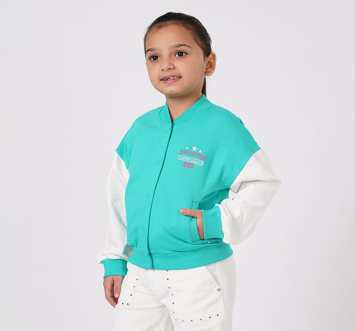 Girls Sea Green Varsity Bomber Knit Jacket