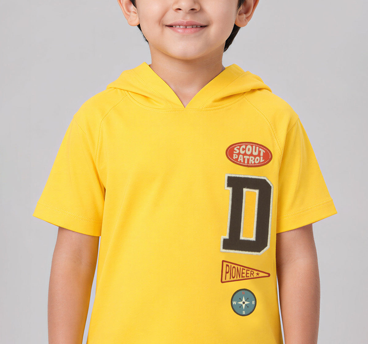 Boys Yellow Hooded Varsity Graphic Regular Fit T-Shirt