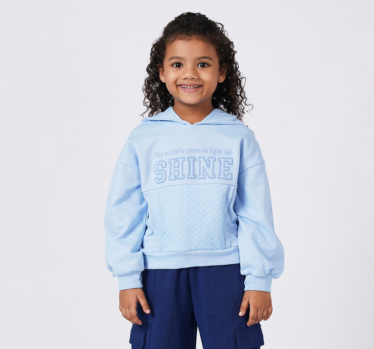 Girls Sky Blue Embroidered Hooded Sweatshirt