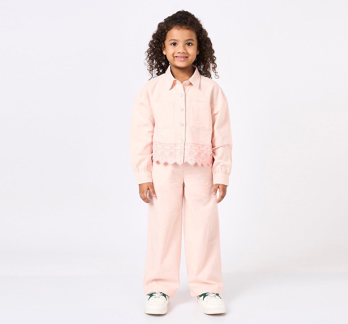 Embroidered Hem Shirt with Bottom Set Pink