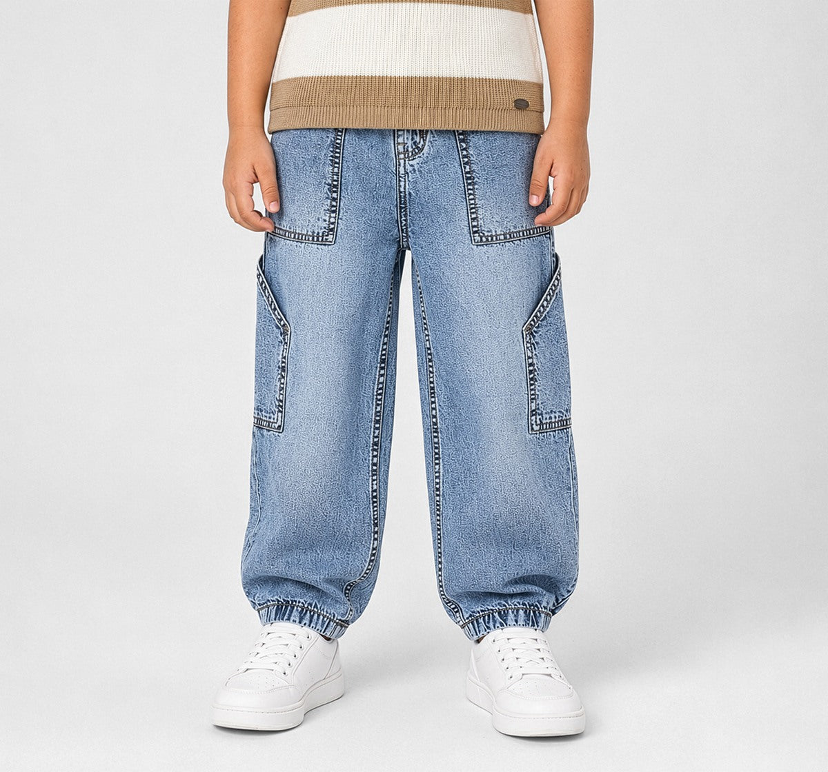 Boys Blue Cotton Denim Relaxed Fit Cargo Jeans