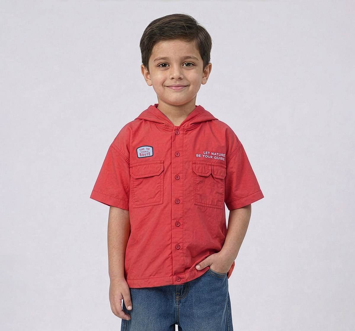 Hooded Poplin Shirt with Pockets Red