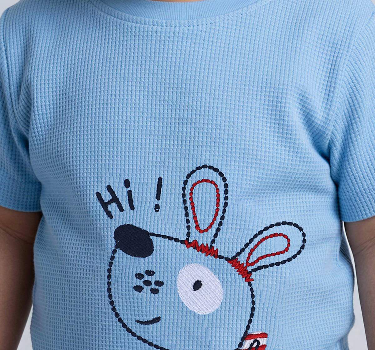 Waffle Tee with Dog Embroidery Blue