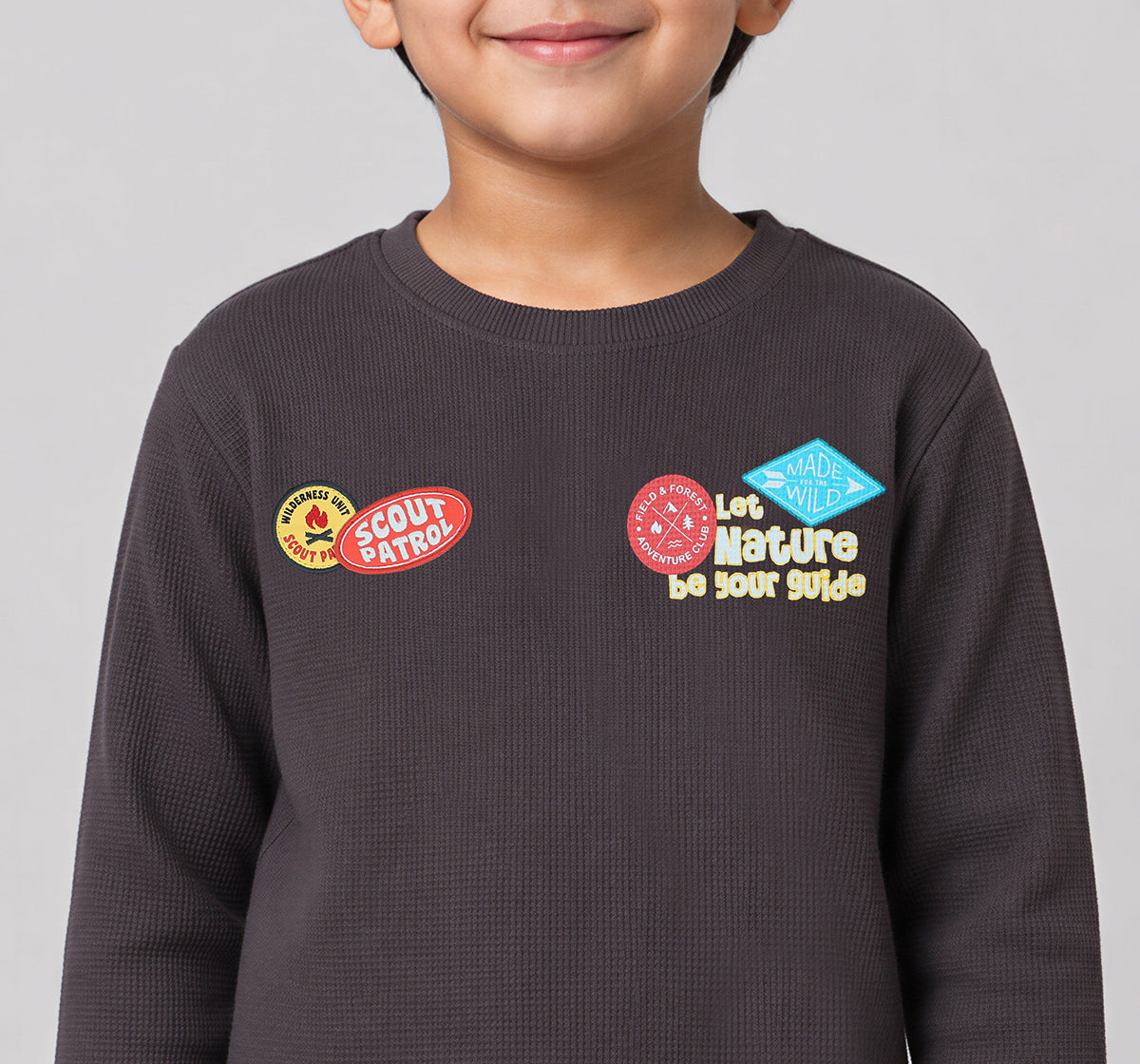 Boys Brown Waffle Textured Applique Regular Fit T-Shirt