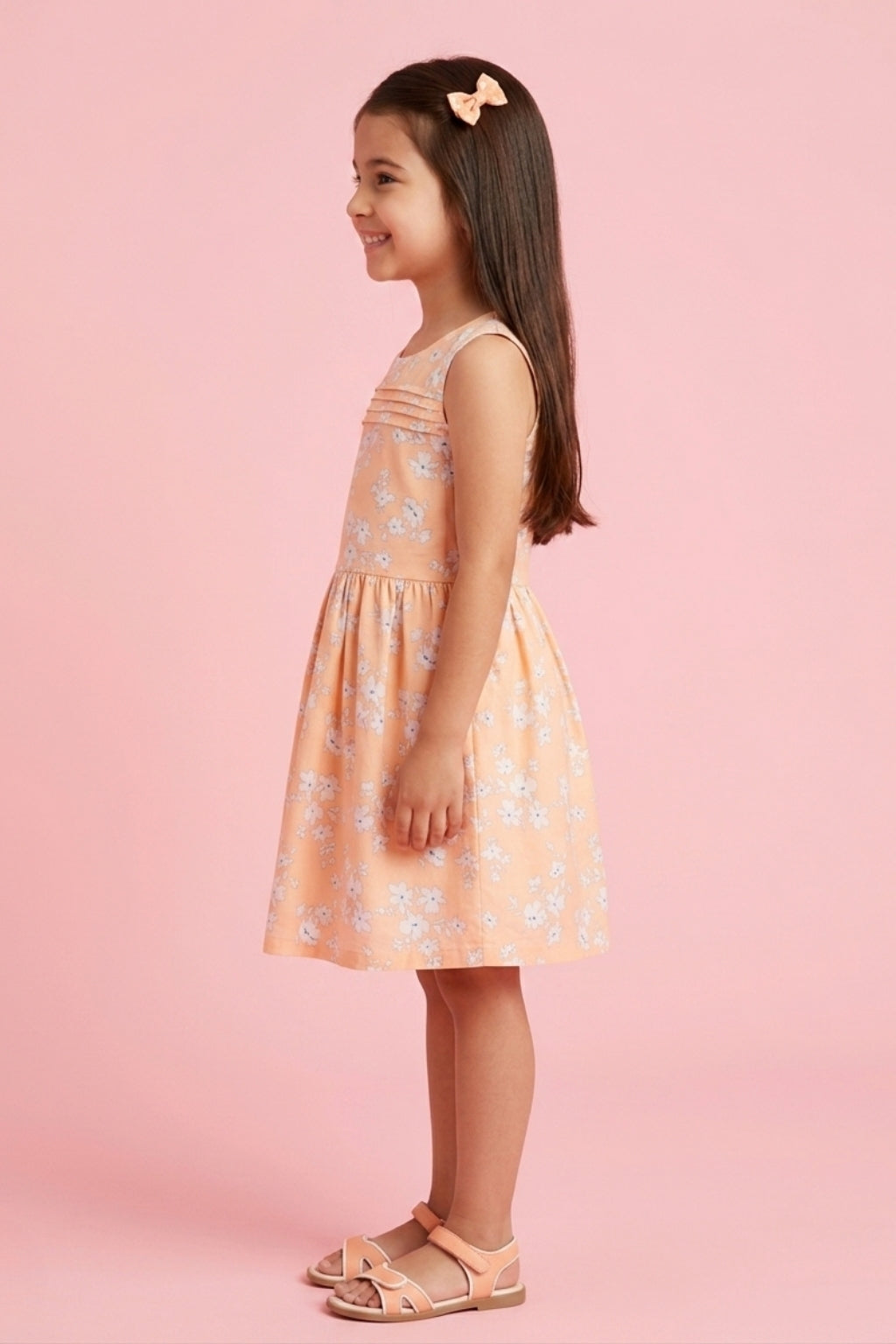 Girls Soft Everyday Peach Floral Cotton Dress