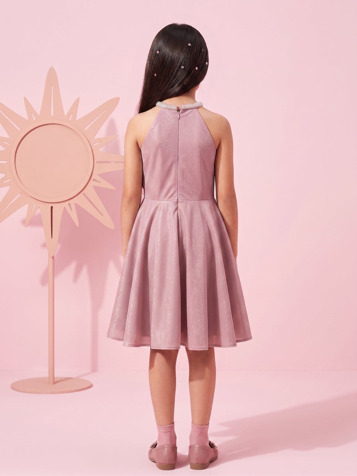 Girls Onion Pink Satin Party Dress Halter Neck & Flare Skirt