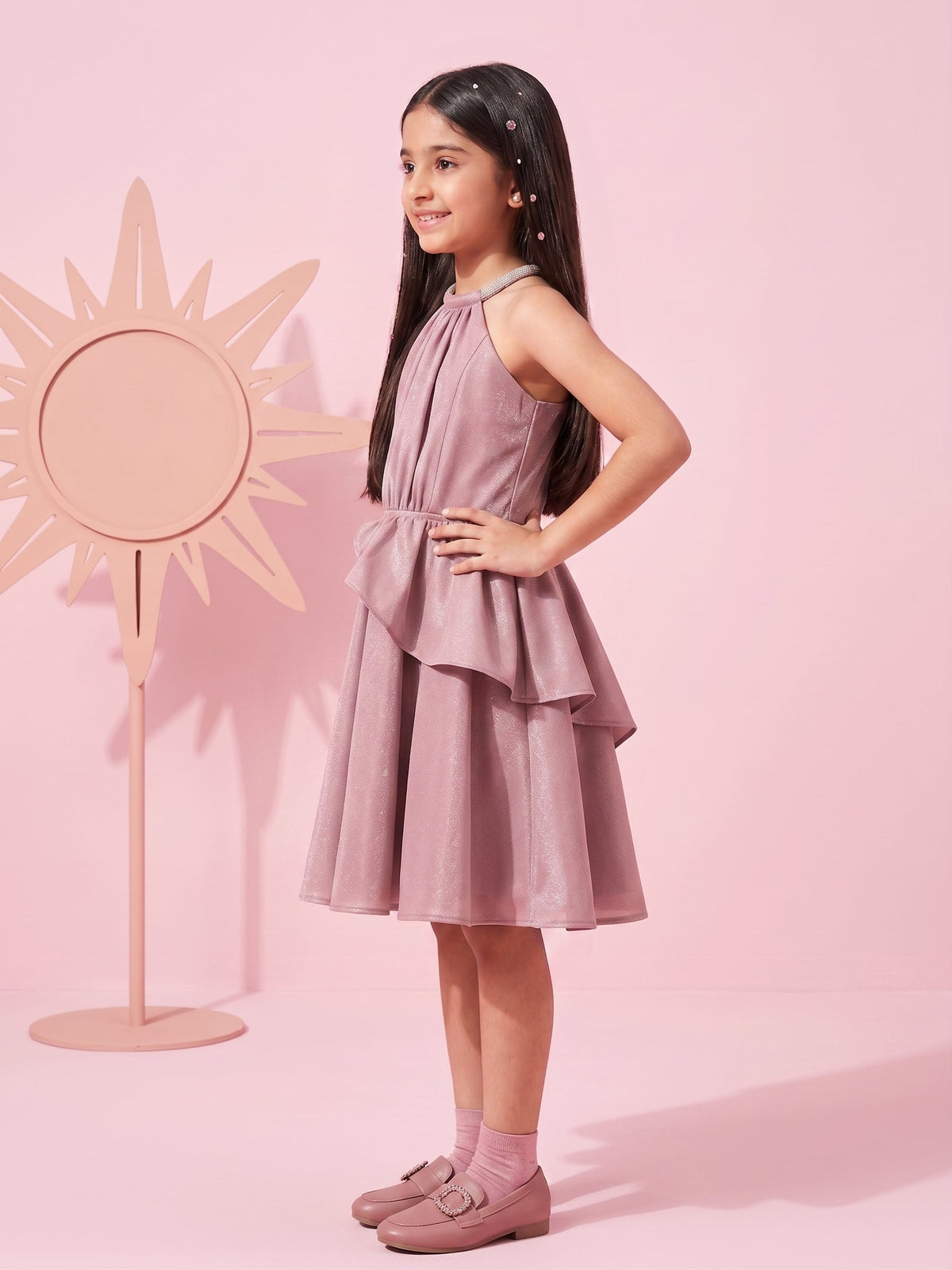 Girls Onion Pink Satin Party Dress Halter Neck & Flare Skirt