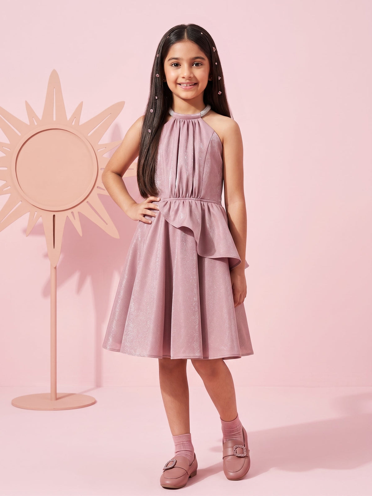 Girls Onion Pink Satin Party Dress Halter Neck & Flare Skirt