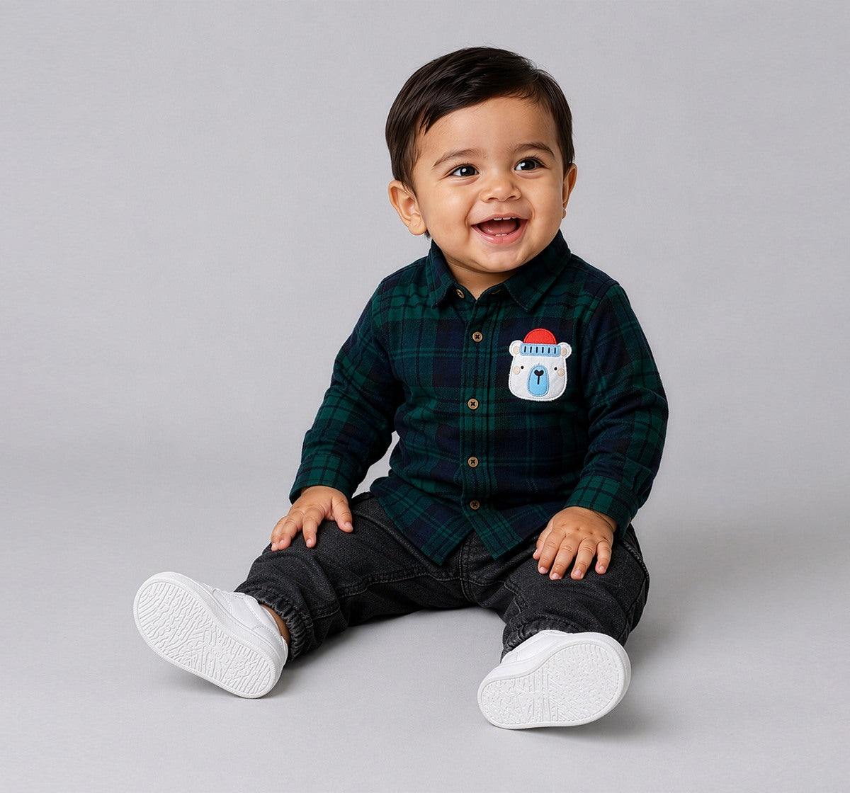 Full Sleeve Checks Shirt with Applique Green