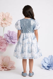 Girls Powder Blue Floral Party Dress Sequin Bodice & Puff