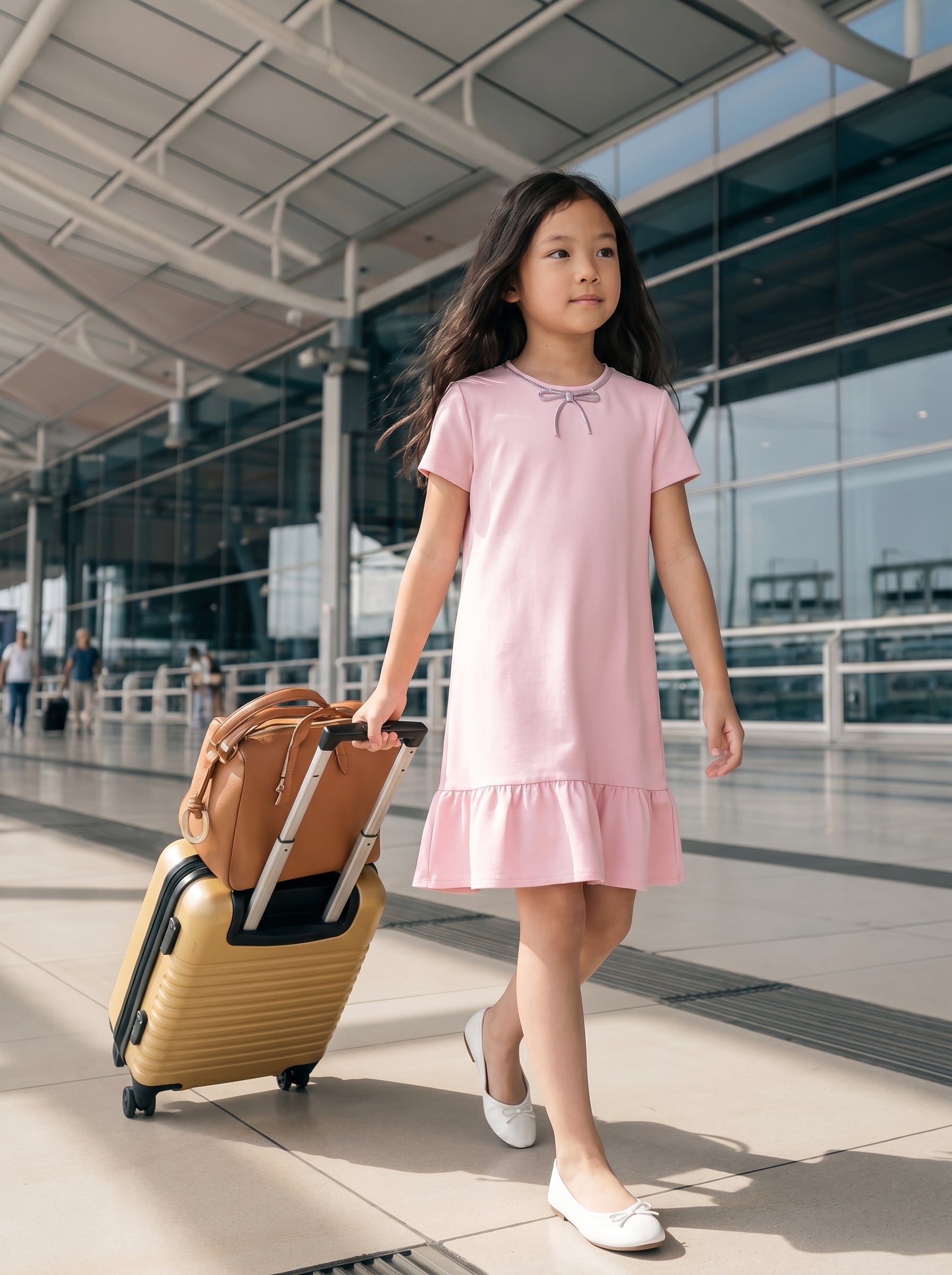 Girls Light Pink Viscose Blend Dress with Embellishment Bow