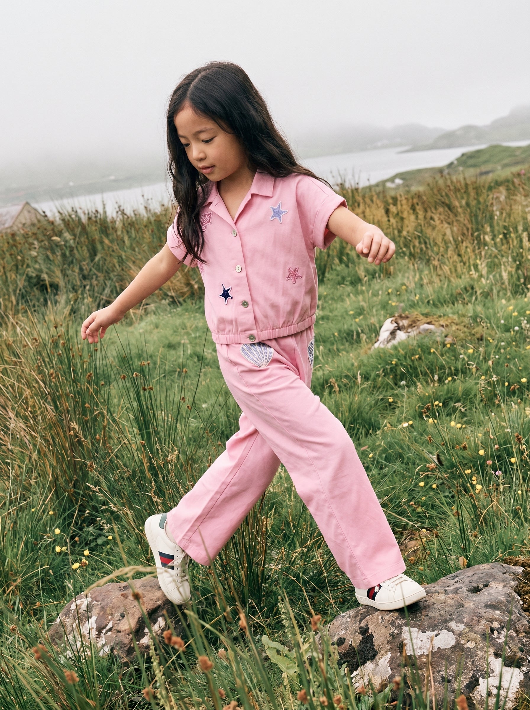 Prism Pink Cotton Embroidered V-Neck Shirt for Girls