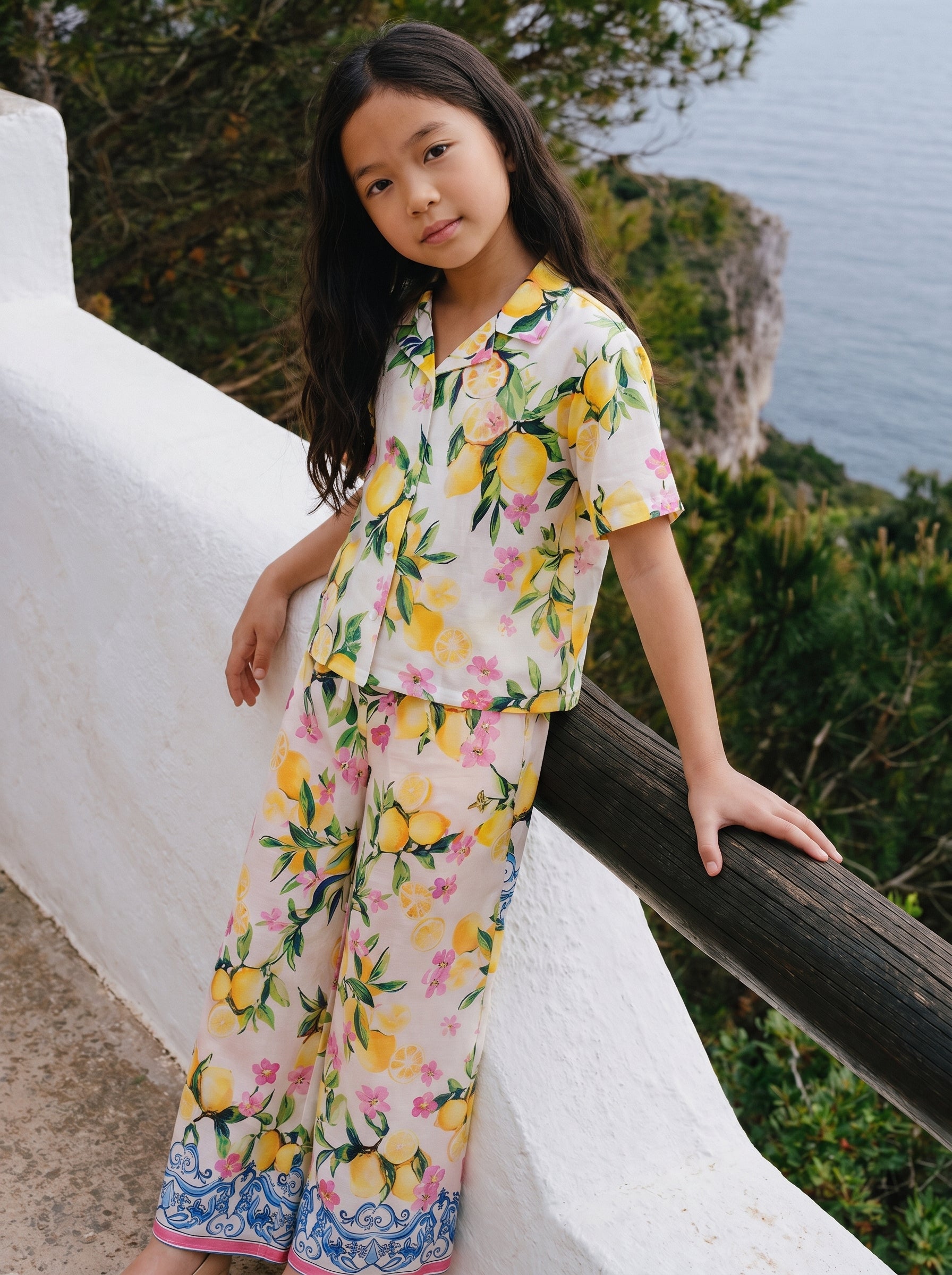 Girls Vibrant Yellow Lemon Floral Cotton Straight Fit Pants
