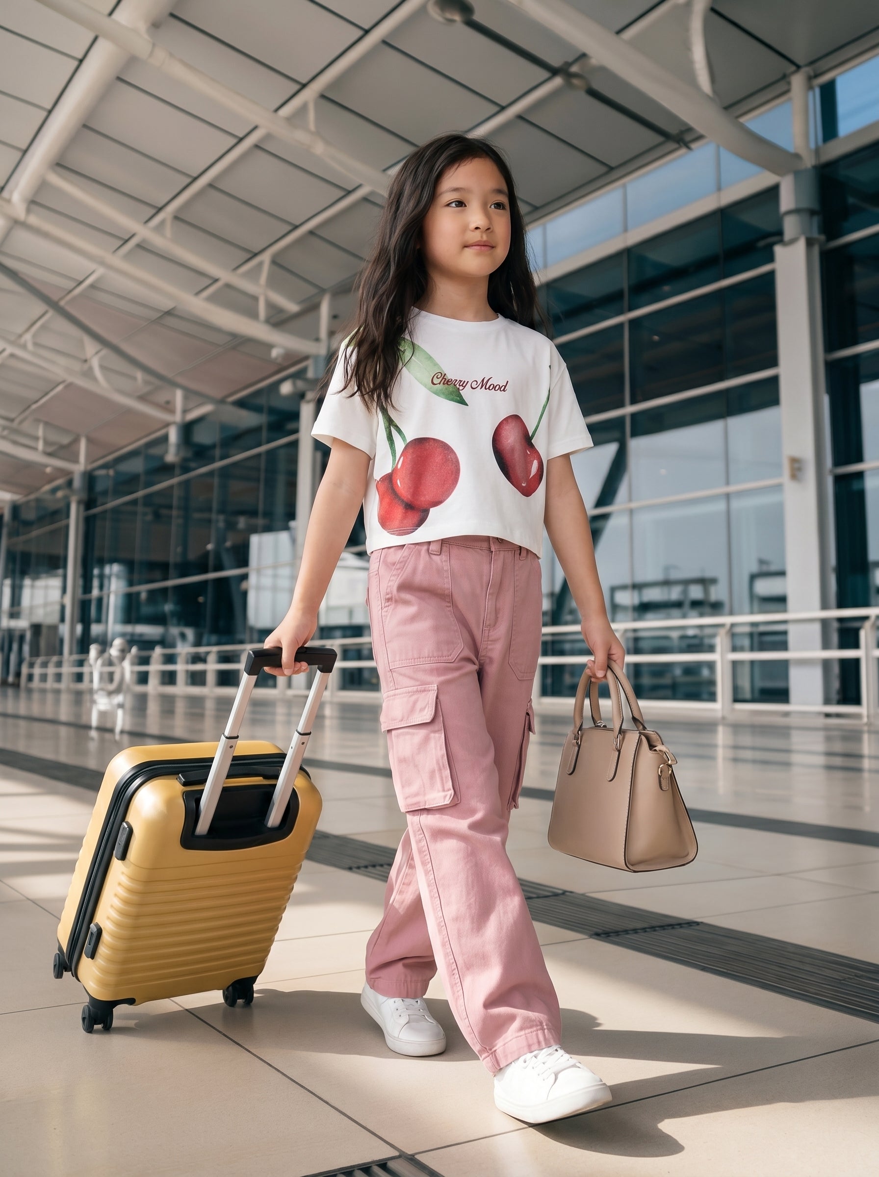 Girls Off White Cotton Cropped Cherry Graphic T-Shirt