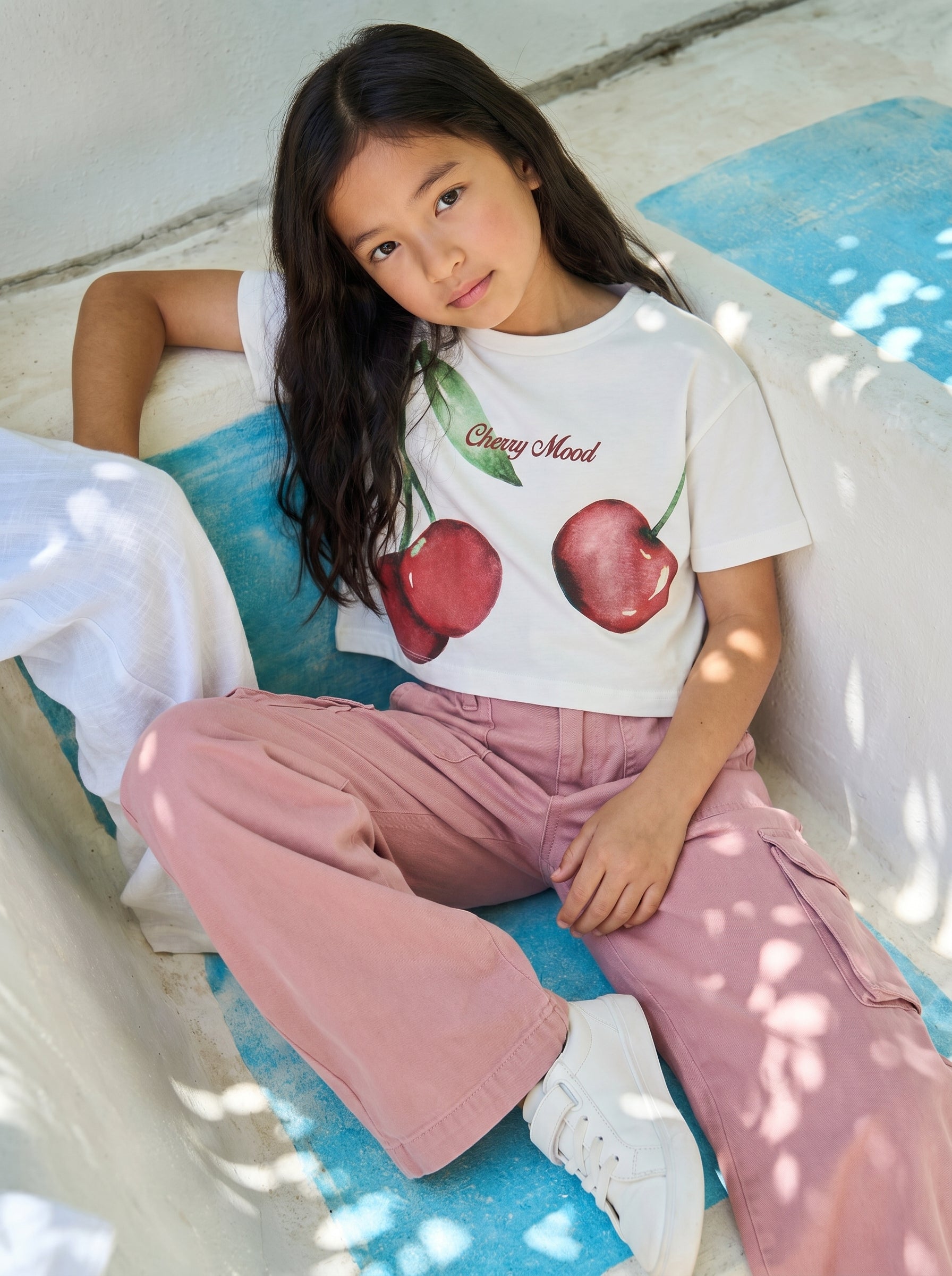 Girls Pink Cotton Blend Mid Rise Wide Leg Jeans