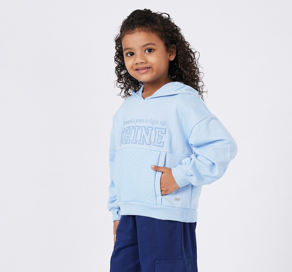 Girls Sky Blue Embroidered Hooded Sweatshirt
