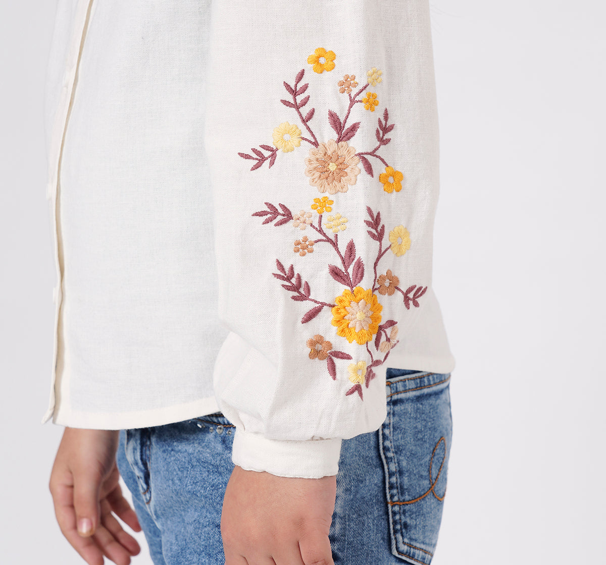 Girls Off White Cotton Embroidered Sleeve Mandarin Collar Top