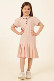 Girls Pink Cotton Lycra Polo Neck Knit Dress