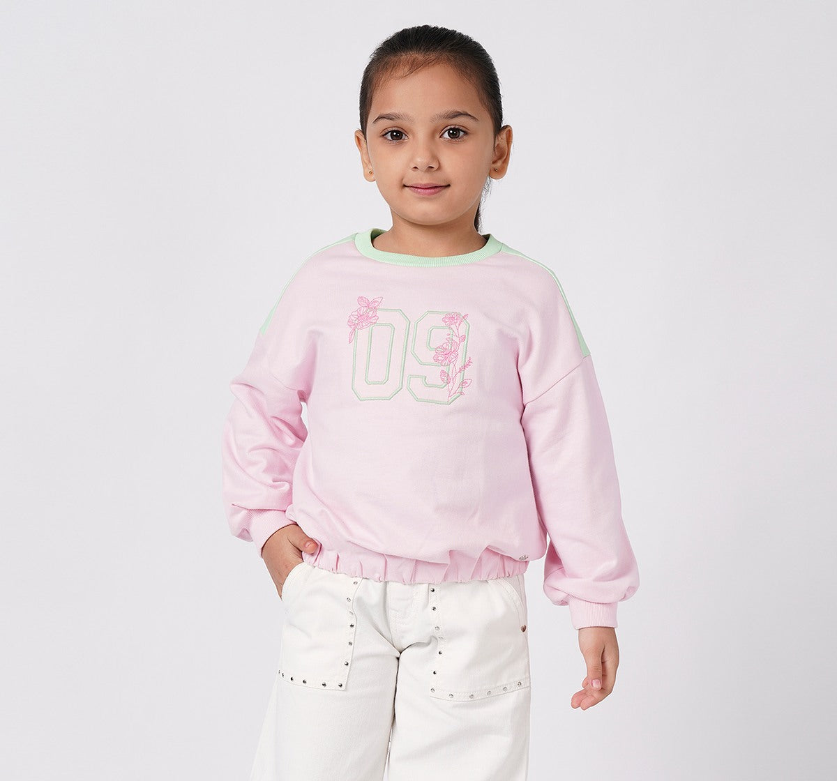 Girls Light Pink Floral 09 Graphic Balloon Hem Sweatshirt