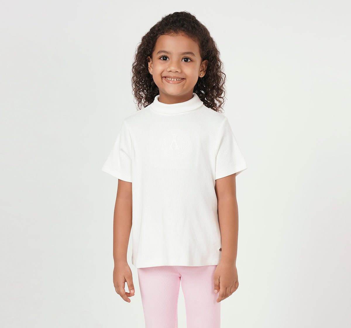 Girls Off White Ribbed Mock Neck Embroidered T-Shirt