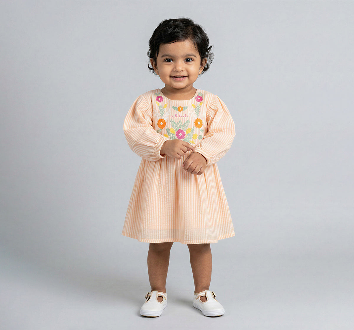 Seersucker Dress with Embroidery Peach