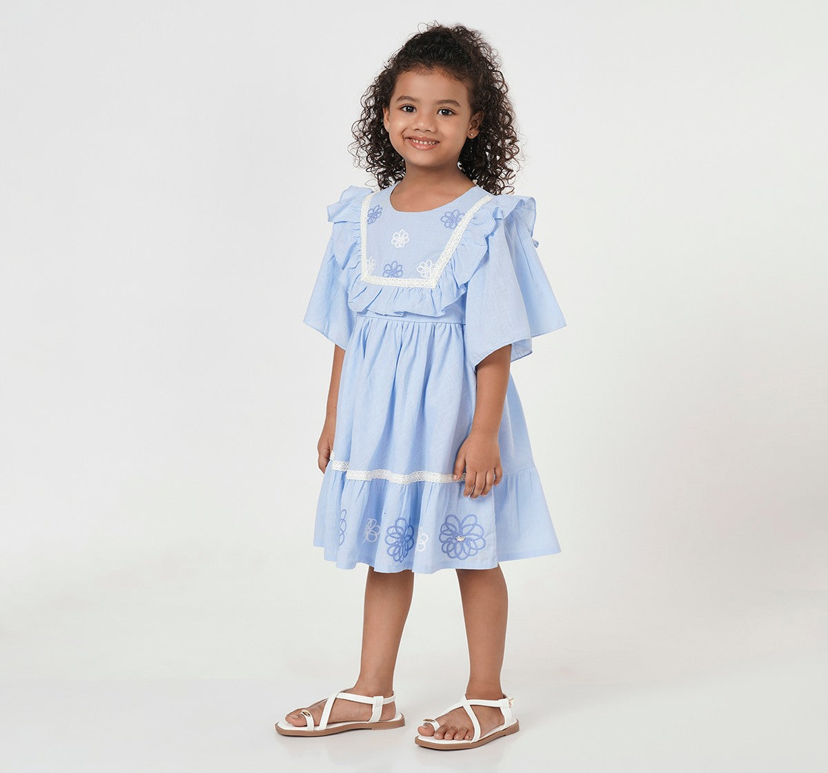 Slub Dress with Embroidery Blue