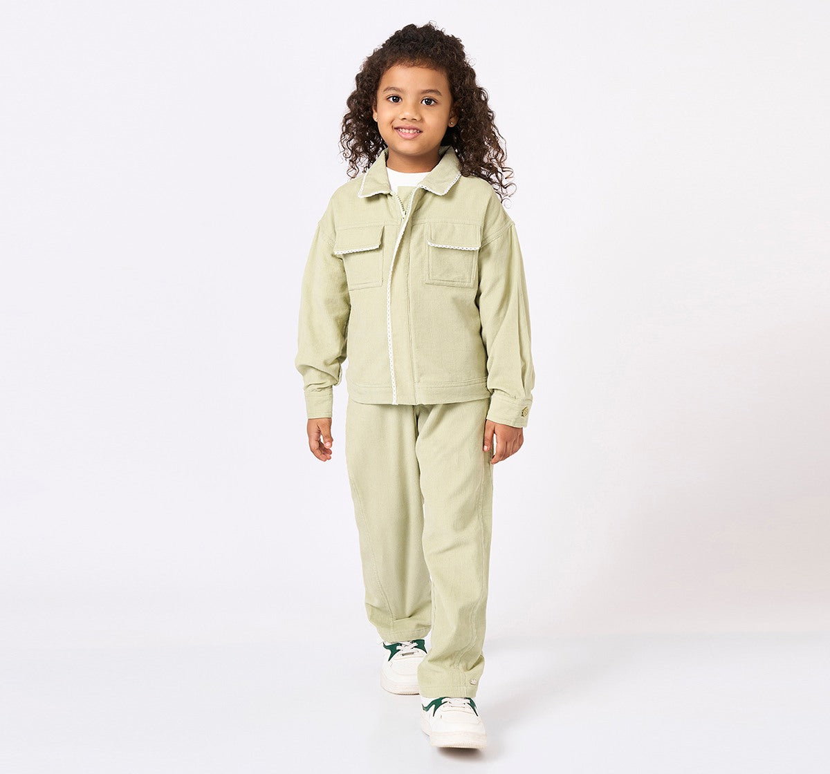 Corduroy Jacket with Lace Detail Green