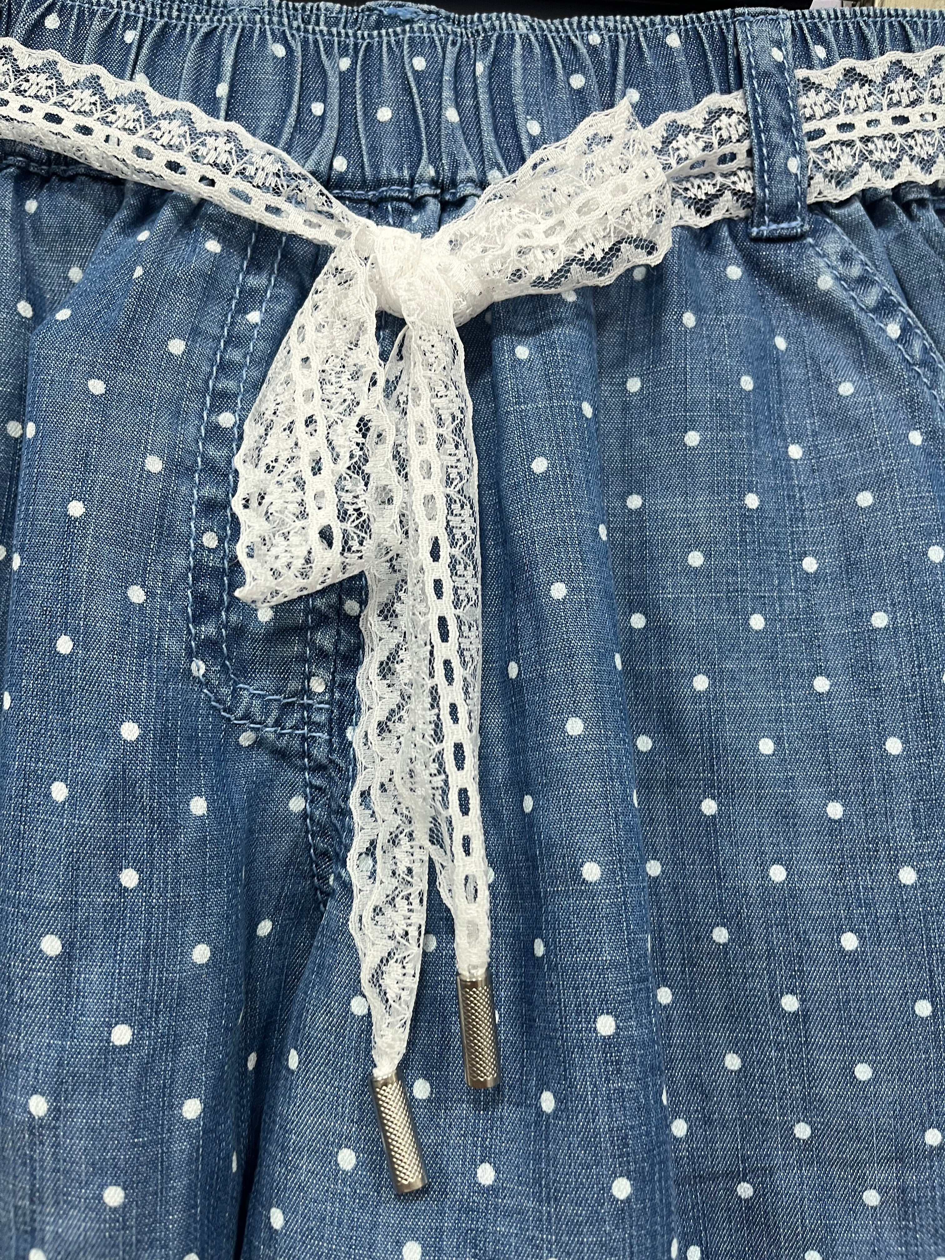 Girls Light Blue Polka Dot Printed Cotton Shorts