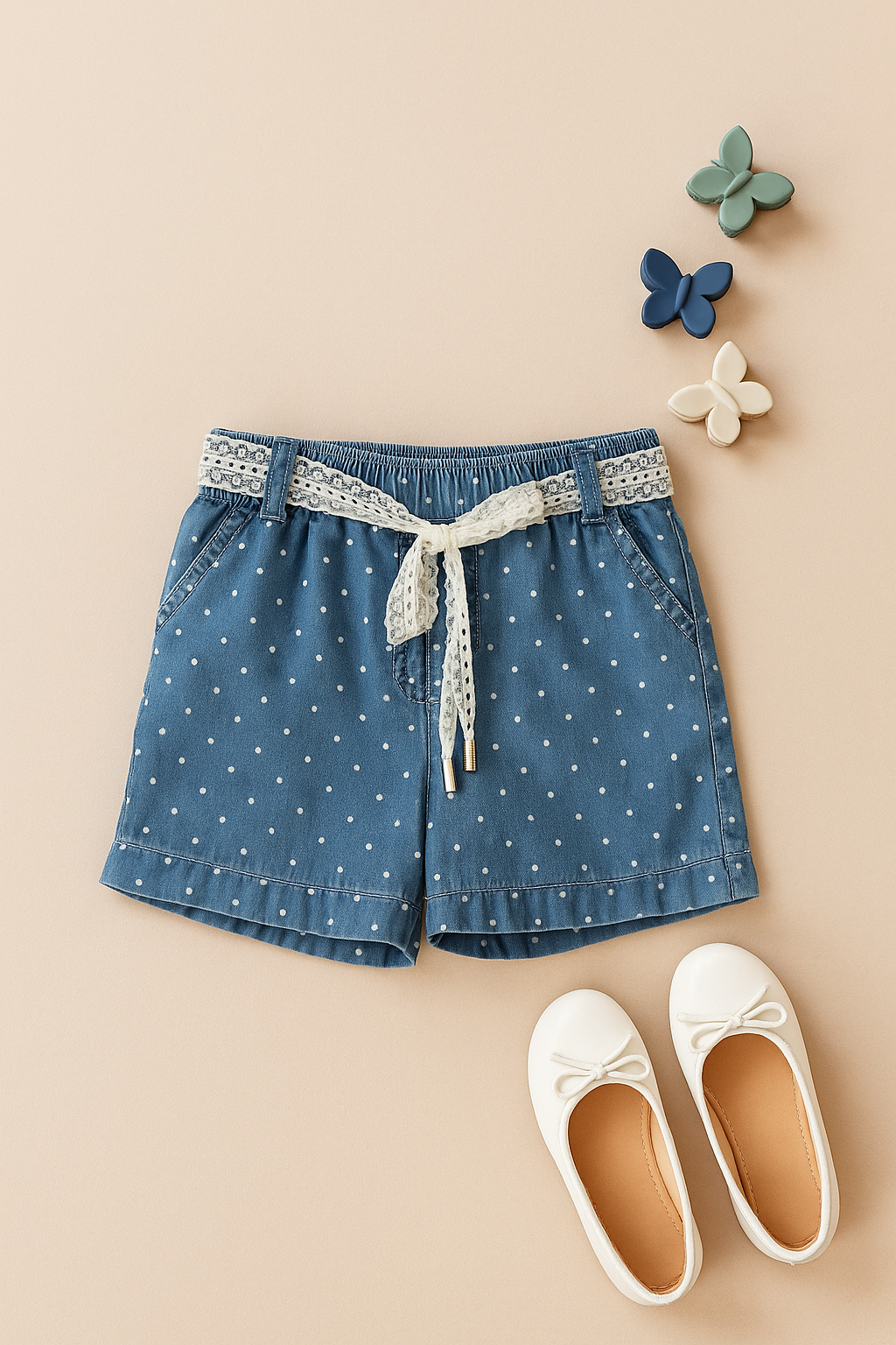 Girls Light Blue Polka Dot Printed Cotton Shorts