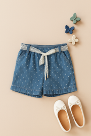Girls Light Blue Polka Dot Printed Cotton Shorts
