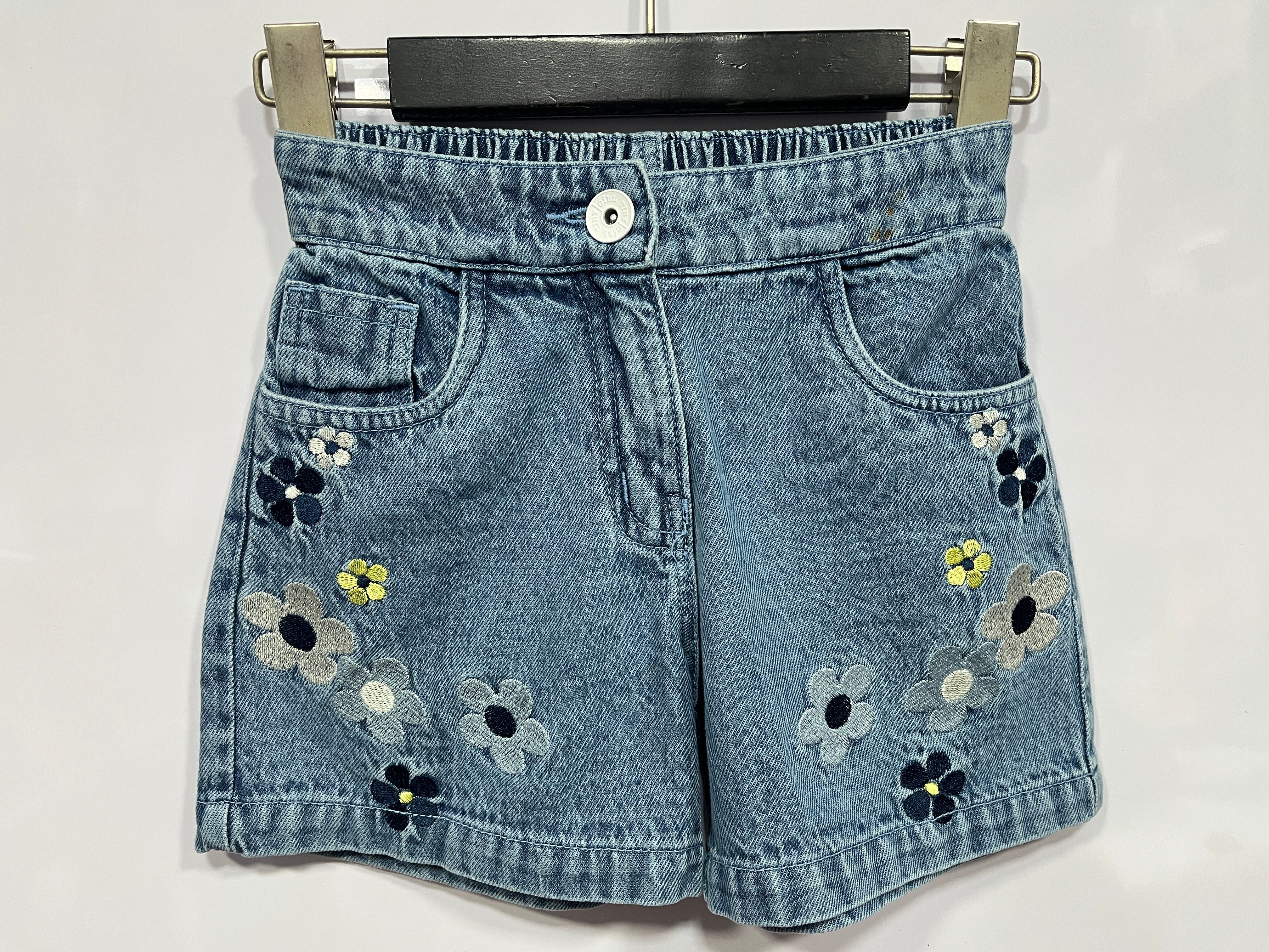 Girls Light Blue Embroidered Denim Cotton Shorts