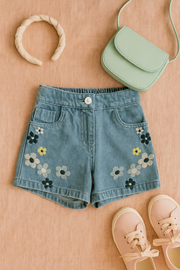 Girls Light Blue Embroidered Denim Cotton Shorts