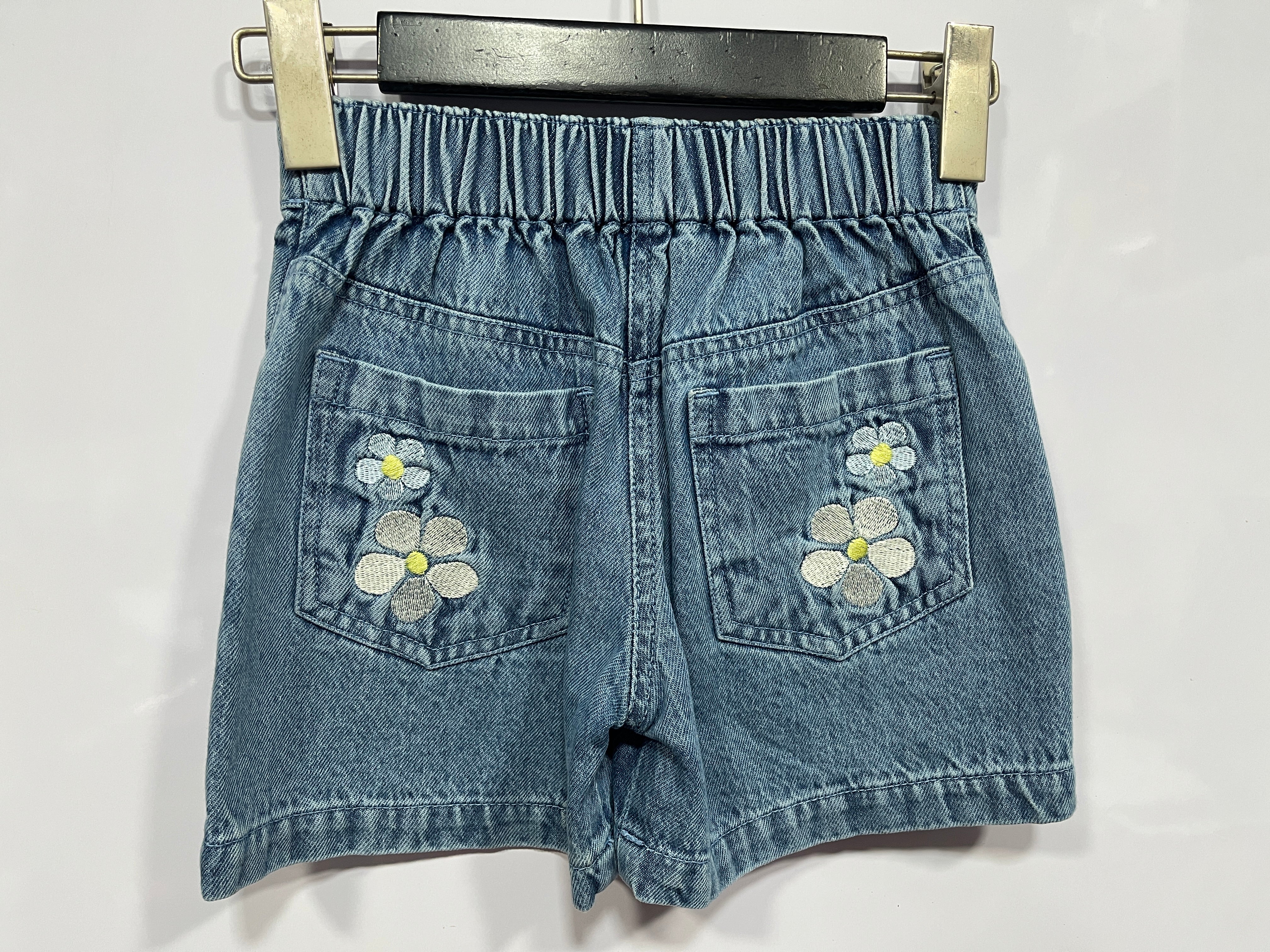 Girls Light Blue Embroidered Denim Cotton Shorts