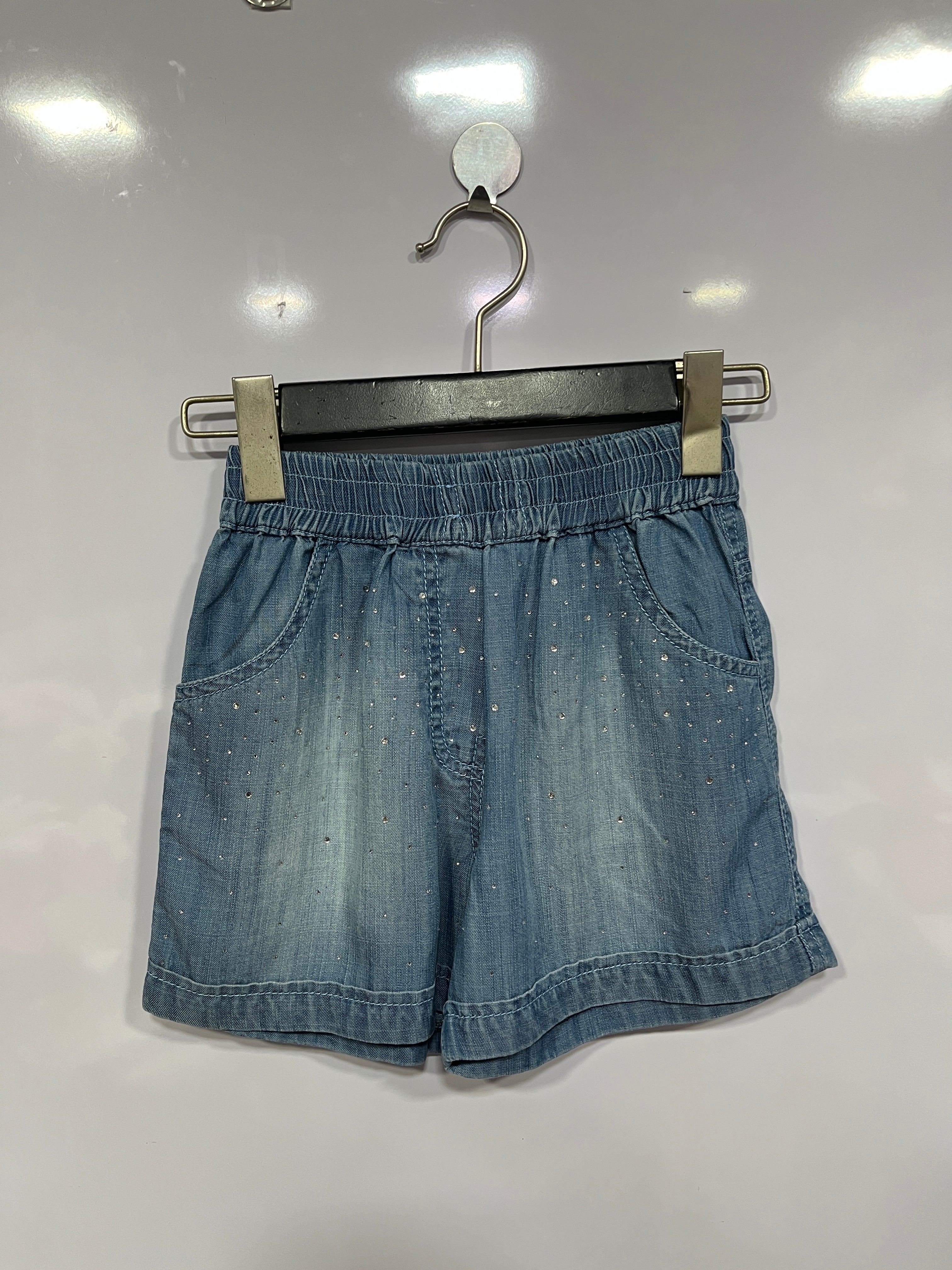 Girls Light Blue Stud Embellished Denim Cotton Shorts