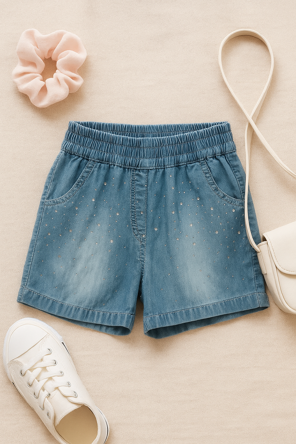 Girls Light Blue Stud Embellished Denim Cotton Shorts