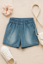 Girls Light Blue Stud Embellished Denim Cotton Shorts