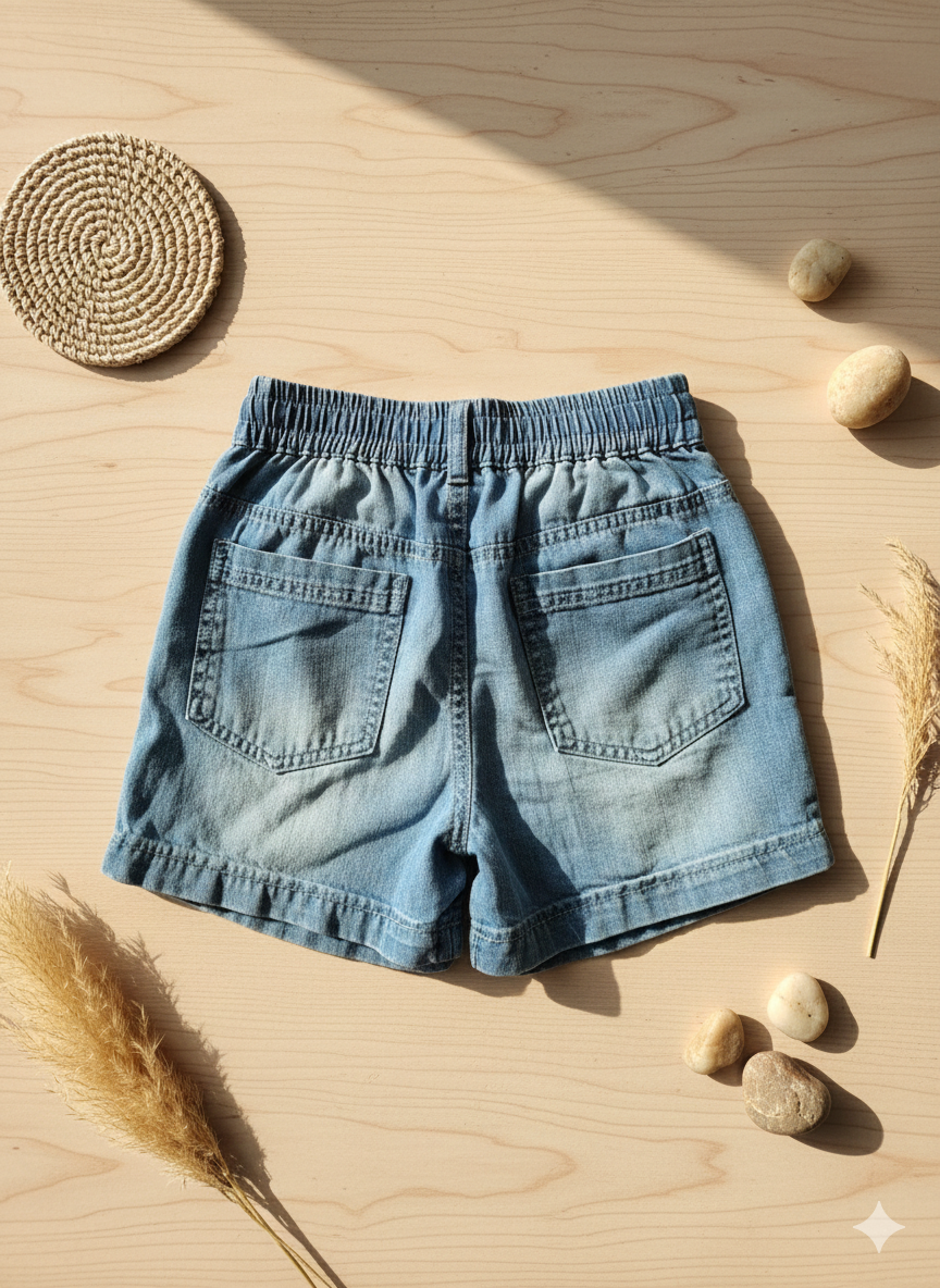 Girls Light Blue Stud Embellished Denim Cotton Shorts