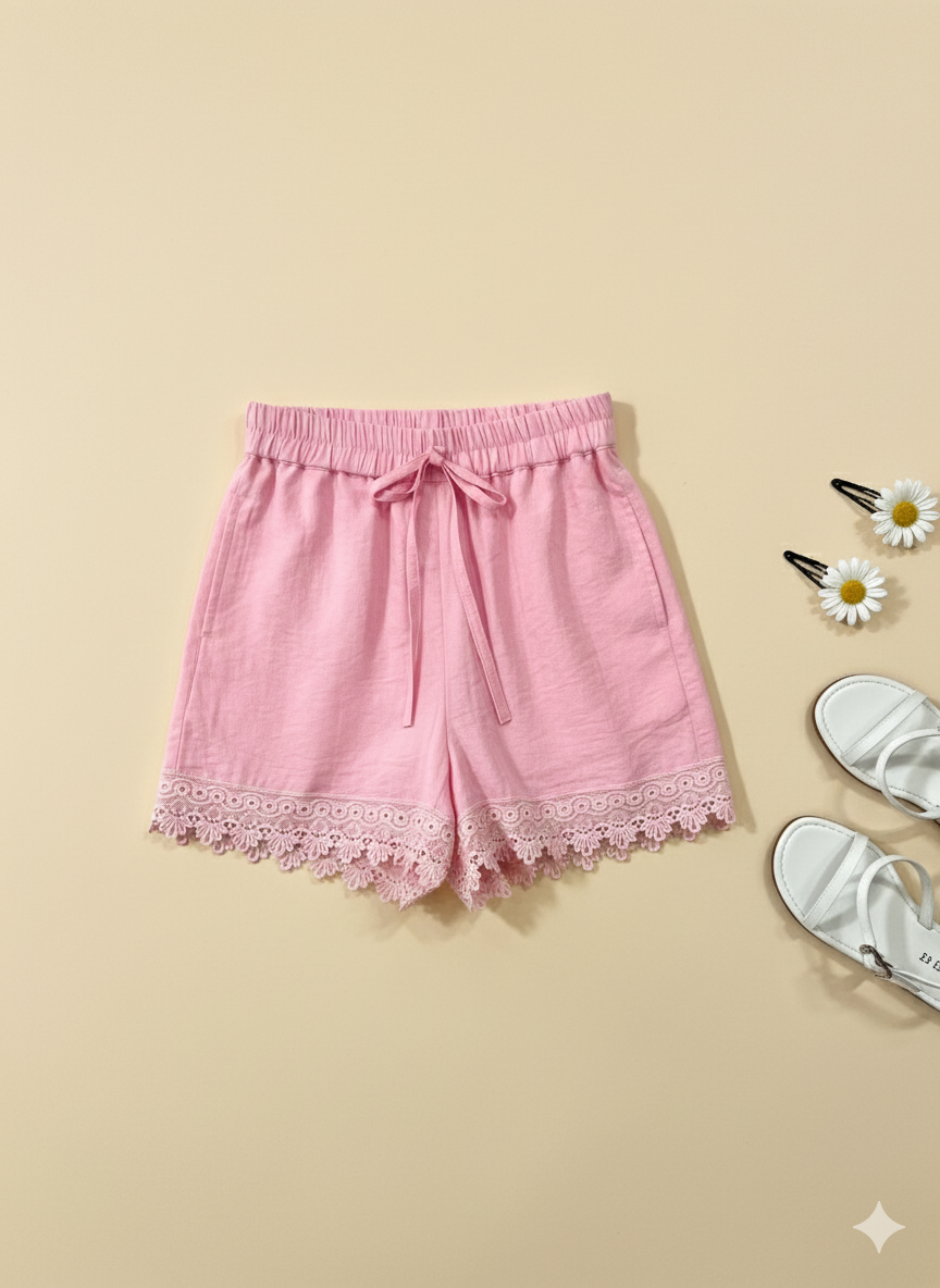 Girls Flamingo Pink Lace Embellished Regular Fit Shorts